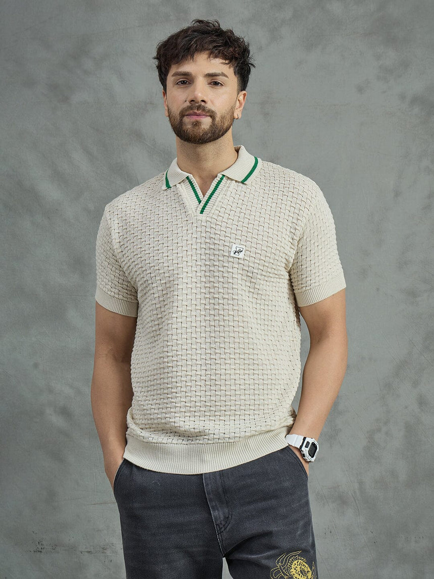 Ecru Textured Knitted Polo Tshirt T-shirts Fugazee