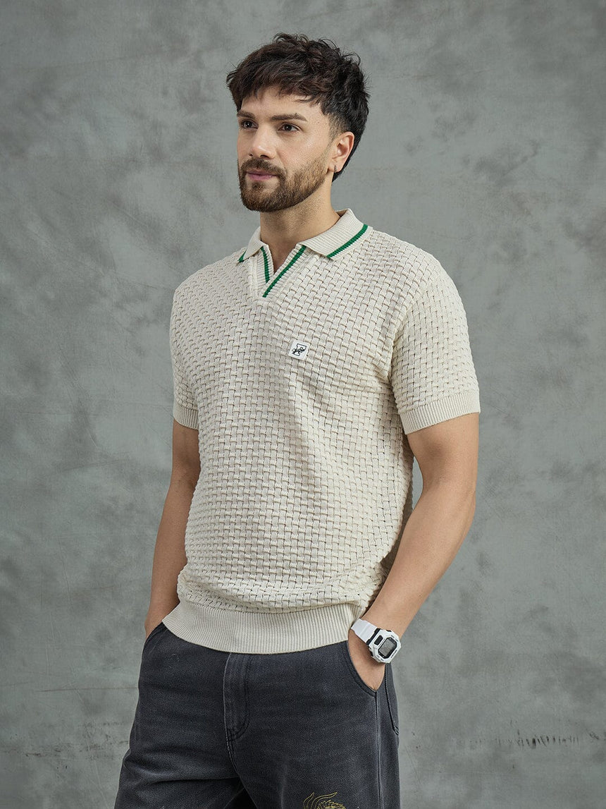 Ecru Textured Knitted Polo Tshirt T-shirts Fugazee