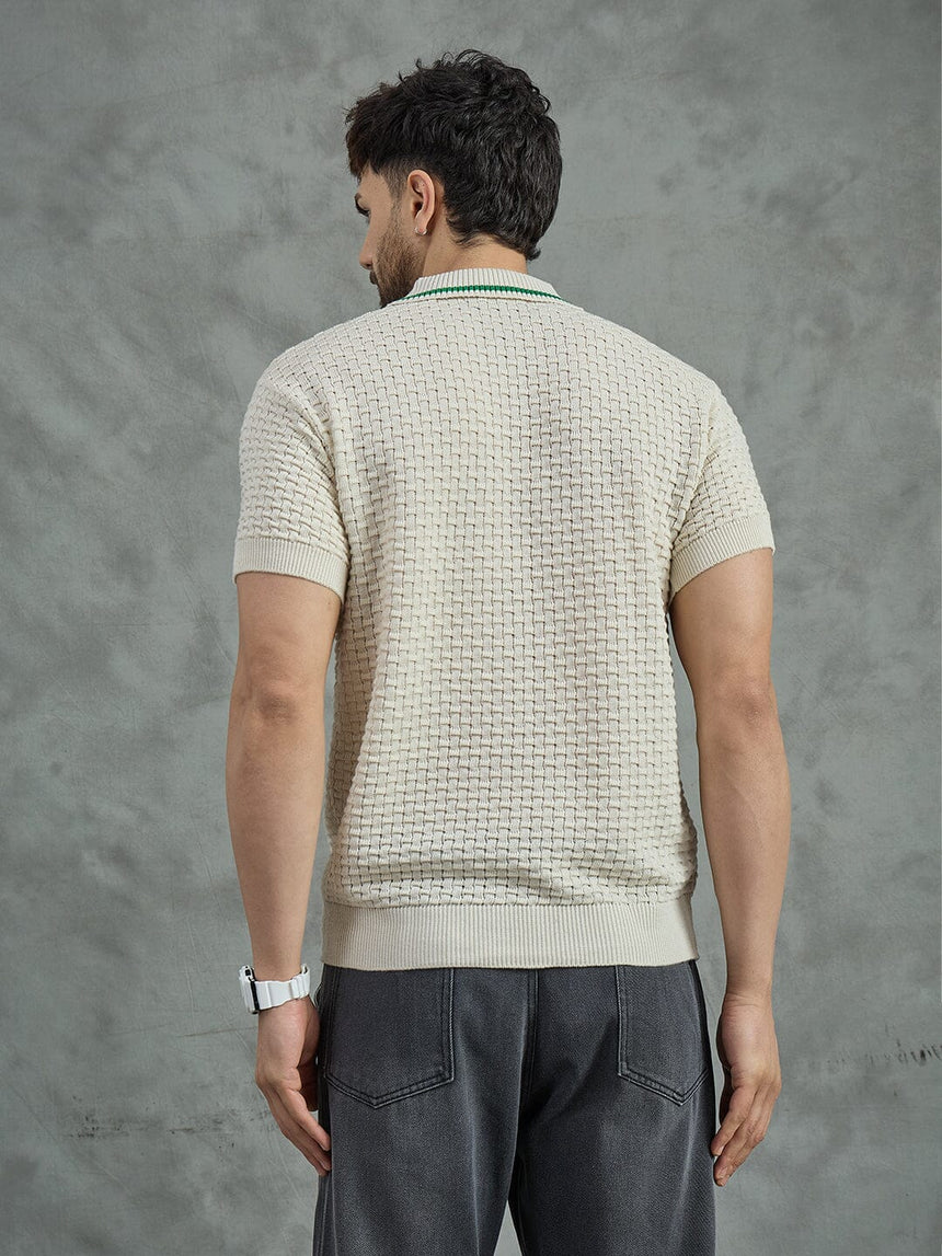 Ecru Textured Knitted Polo Tshirt T-Shirts Fugazee