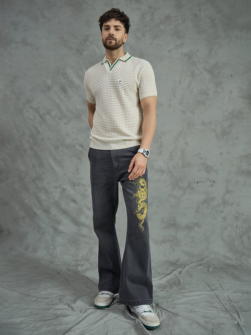 Ecru Textured Knitted Polo Tshirt T-shirts Fugazee