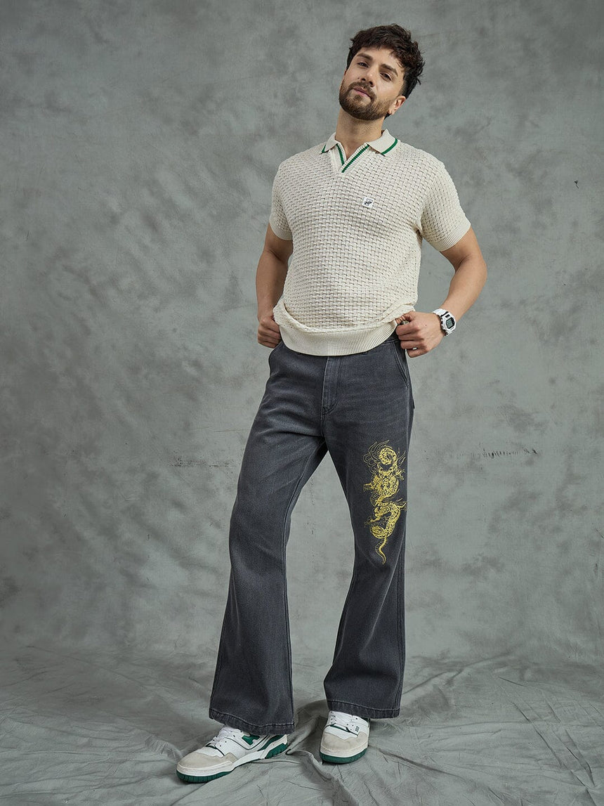 Ecru Textured Knitted Polo Tshirt T-shirts Fugazee