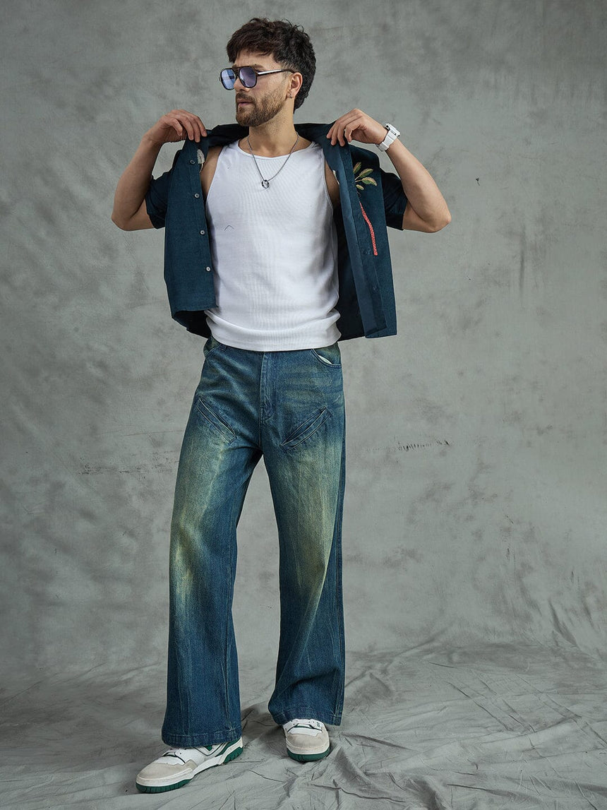 Navy Palm Embroidery Cropped Shirt With White Vest Shirts Fugazee