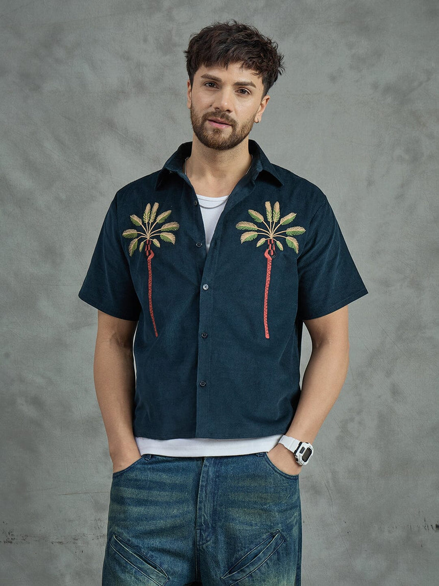 Navy Palm Embroidery Cropped Shirt With White Vest Shirts Fugazee
