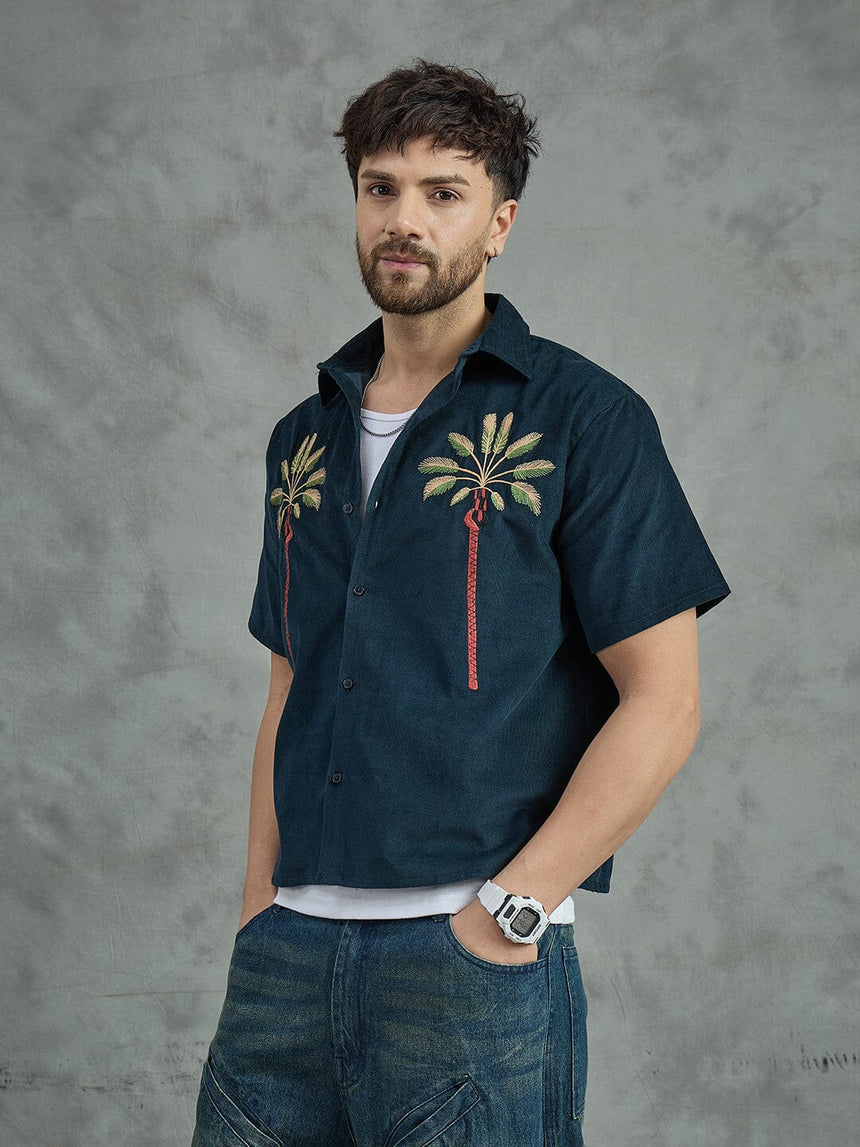 Navy Palm Embroidery Cropped Shirt With White Vest Shirts Fugazee