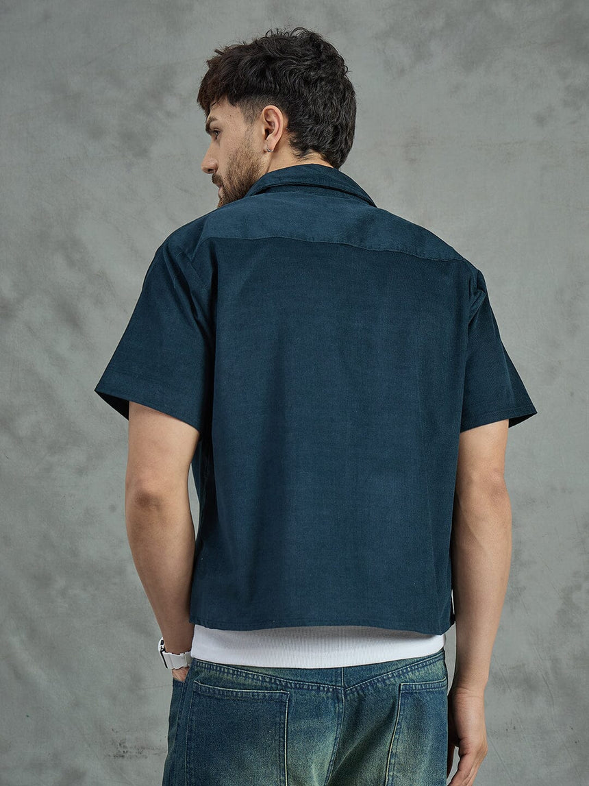 Navy Palm Embroidery Cropped Shirt With White Vest Shirts Fugazee