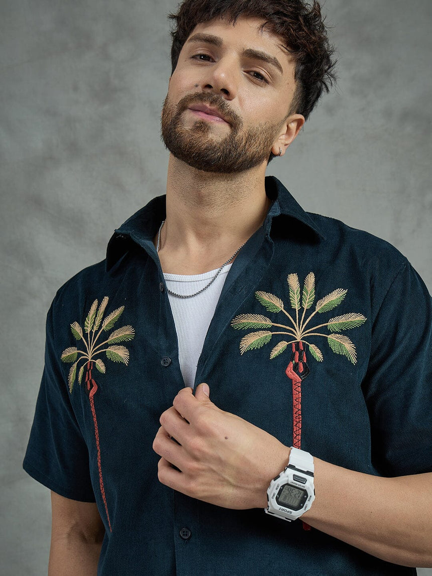 Navy Palm Embroidery Cropped Shirt With White Vest Shirts Fugazee