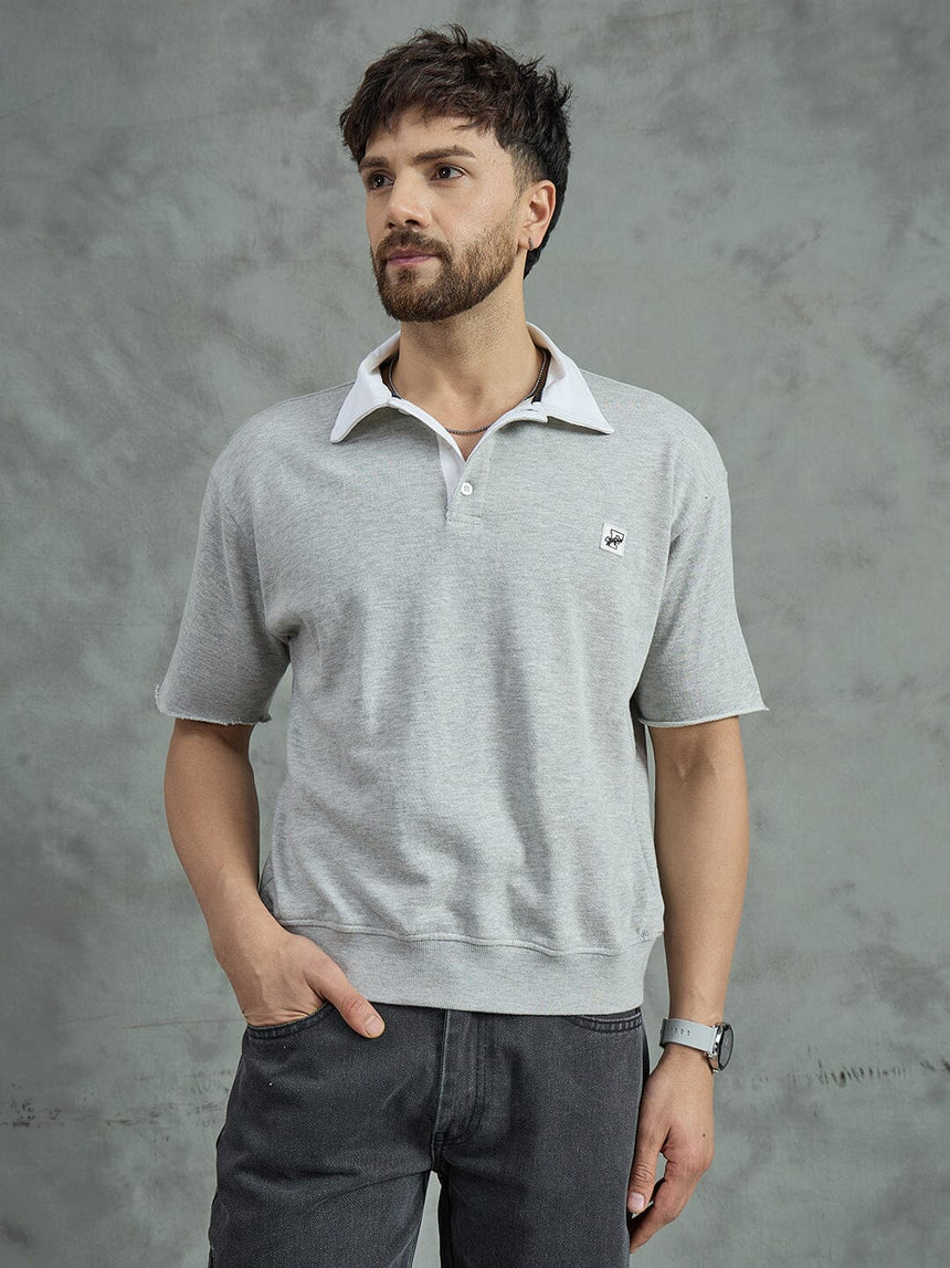 Grey Cropped Raw Edge Polo T-Shirt T-shirts Fugazee