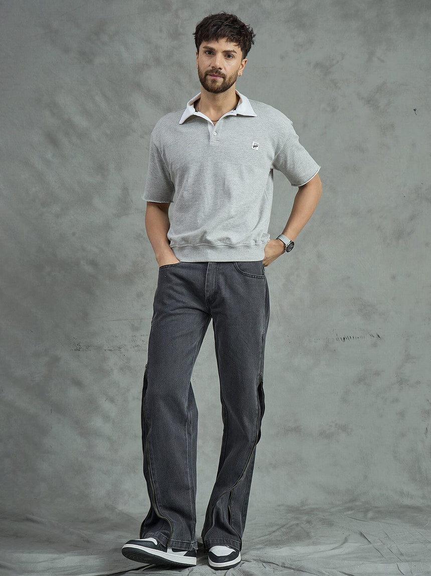 Grey Cropped Raw Edge Polo T-Shirt T-shirts Fugazee