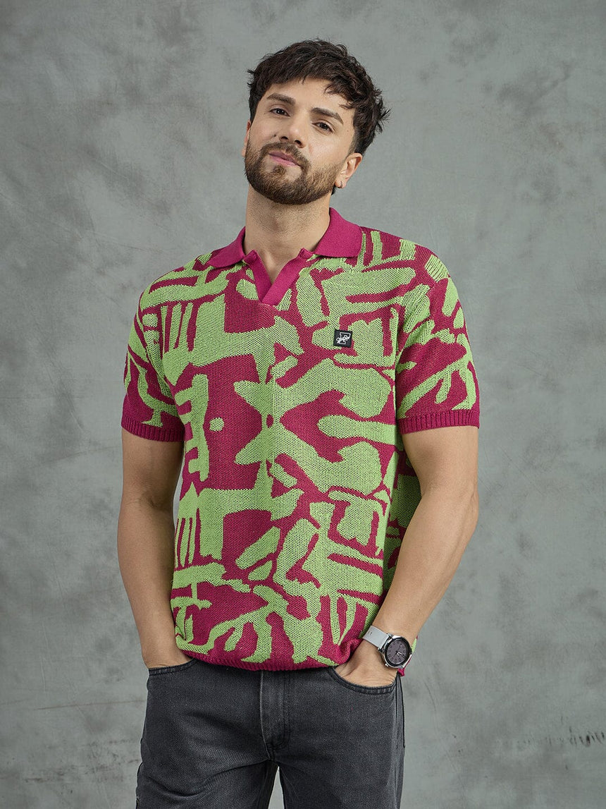 Purple and Green Abstract Knitted Polo Tshirt Shirts Fugazee