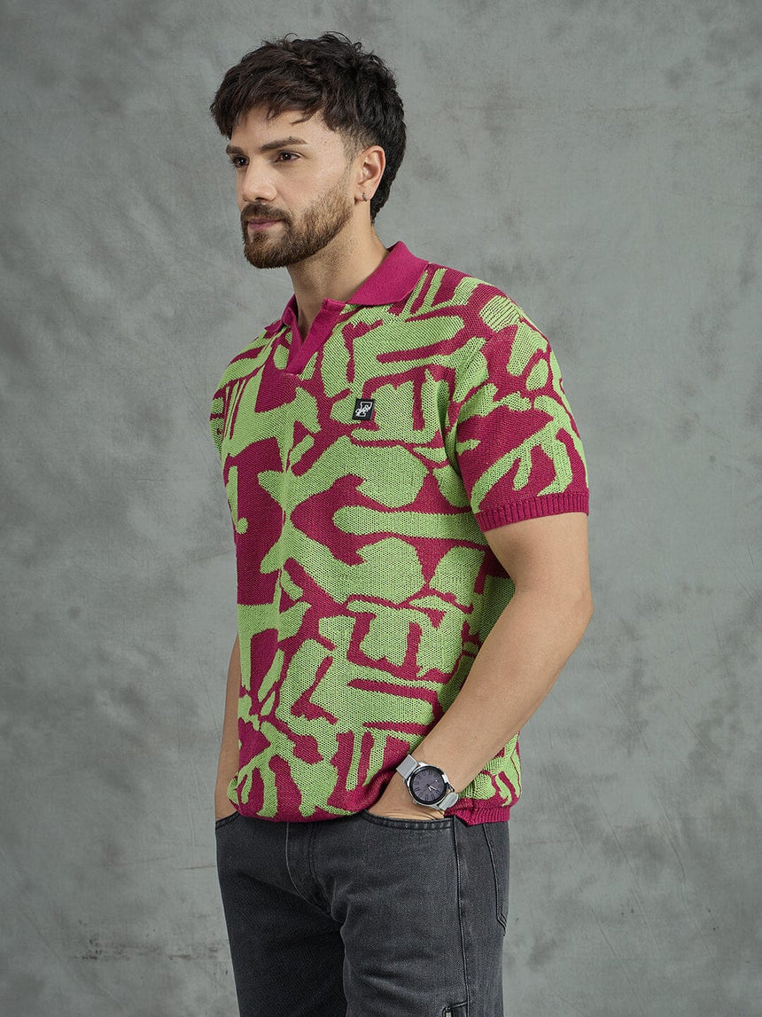 Purple and Green Abstract Knitted Polo Tshirt Shirts Fugazee