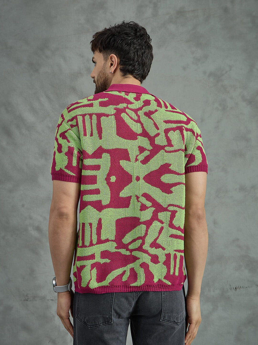 Purple and Green Abstract Knitted Polo Tshirt Shirts Fugazee