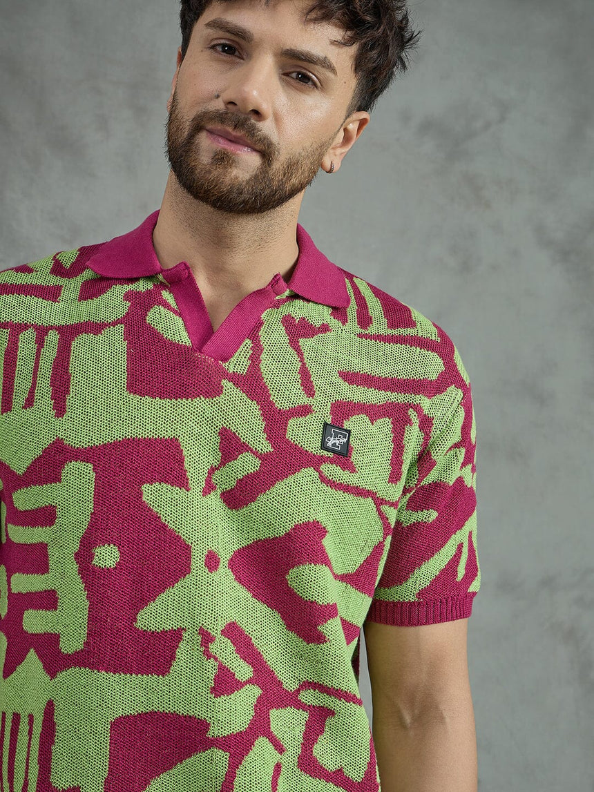 Purple and Green Abstract Knitted Polo Tshirt Shirts Fugazee