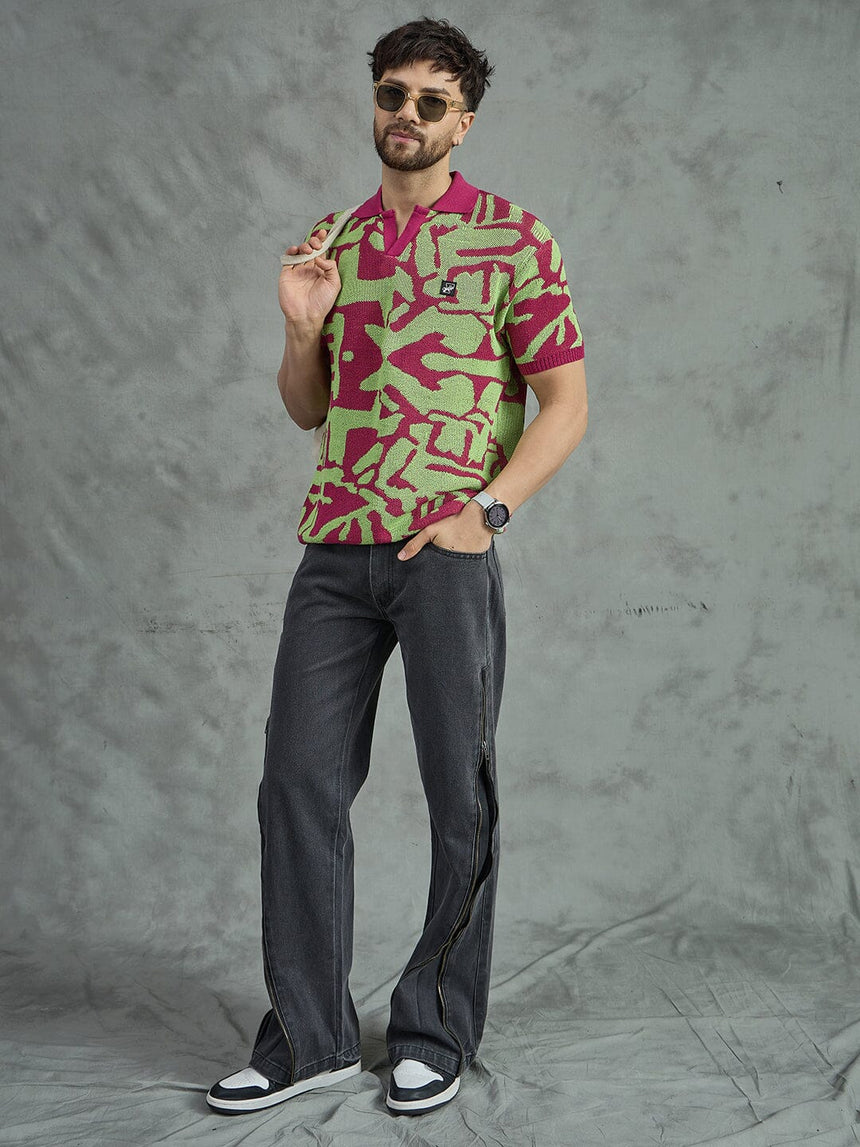 Purple and Green Abstract Knitted Polo Tshirt Shirts Fugazee