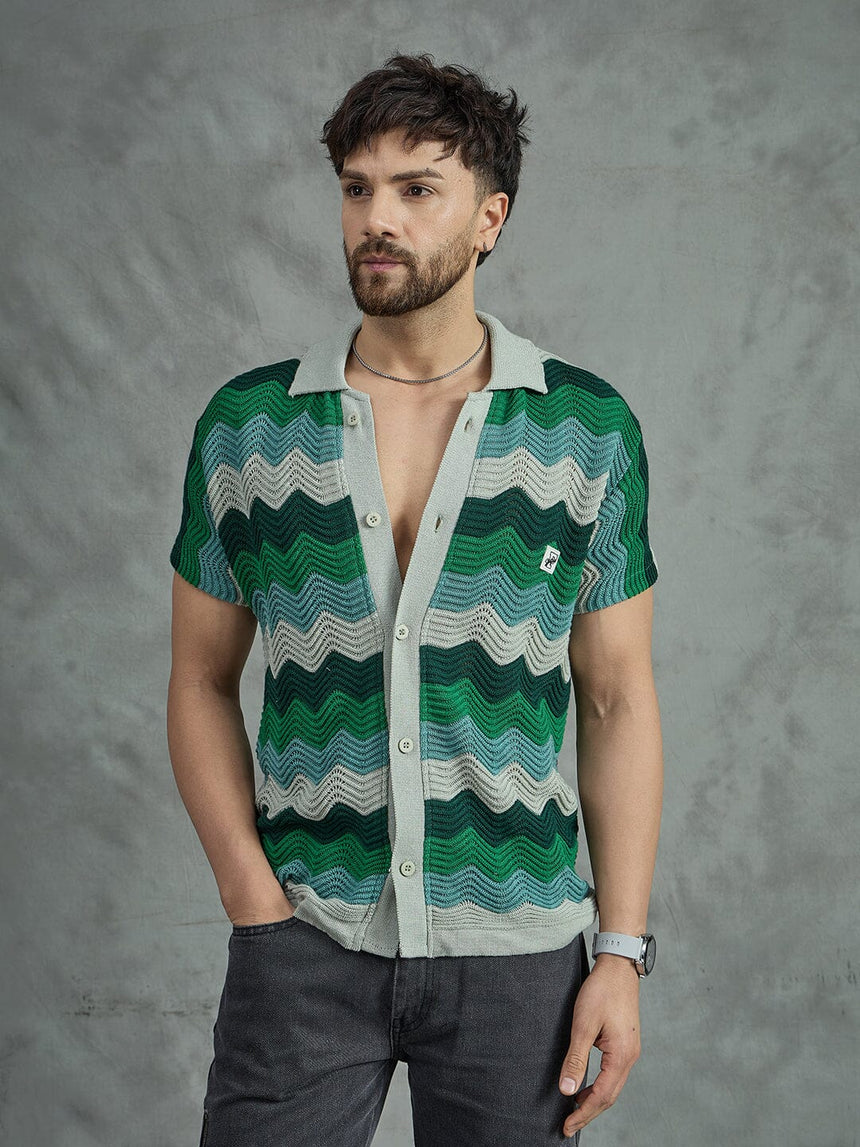 Shades Of Green Wavy Stripes Crochet Shirt Shirts Fugazee