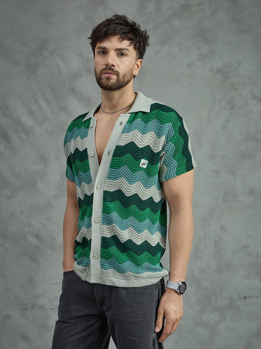 Shades Of Green Wavy Stripes Crochet Shirt Shirts Fugazee