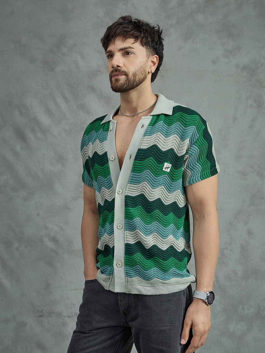 Shades Of Green Wavy Stripes Crochet Shirt Shirts Fugazee