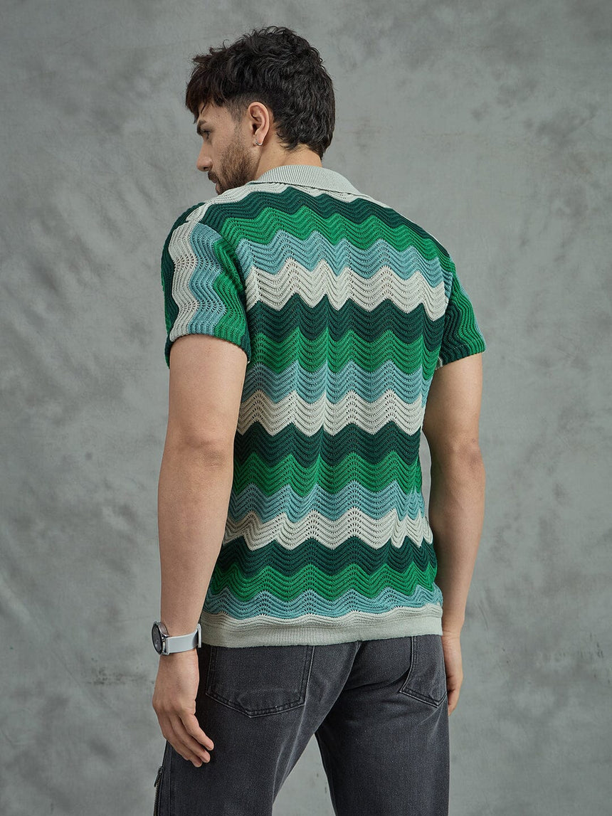 Shades Of Green Wavy Stripes Crochet Shirt Shirts Fugazee