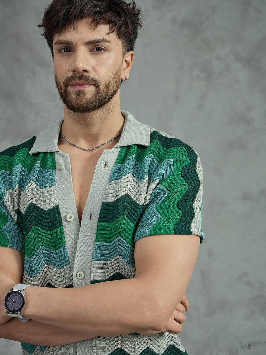 Shades Of Green Wavy Stripes Crochet Shirt Shirts Fugazee
