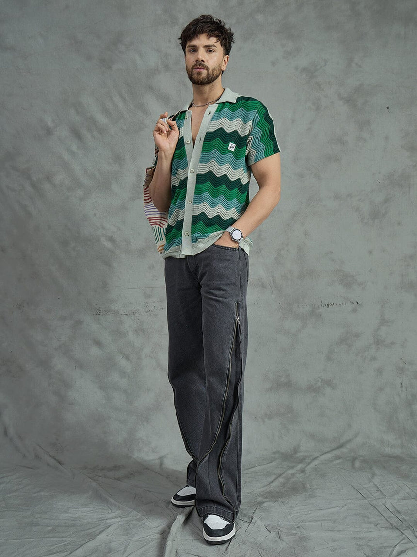 Shades Of Green Wavy Stripes Crochet Shirt Shirts Fugazee