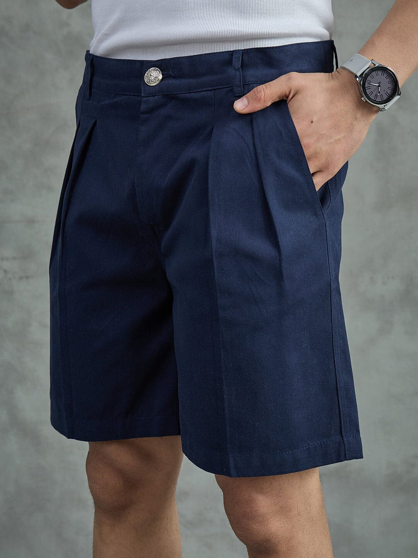 Navy Pleated Chino Shorts Shorts Fugazee