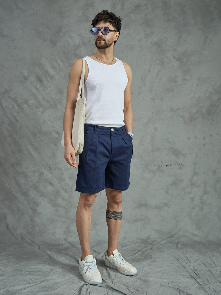 Navy Pleated Chino Shorts Shorts Fugazee