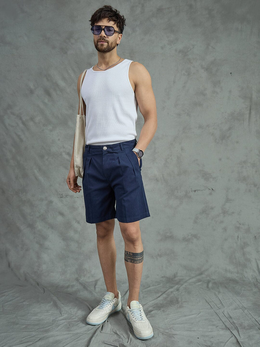 Navy Pleated Chino Shorts Shorts Fugazee