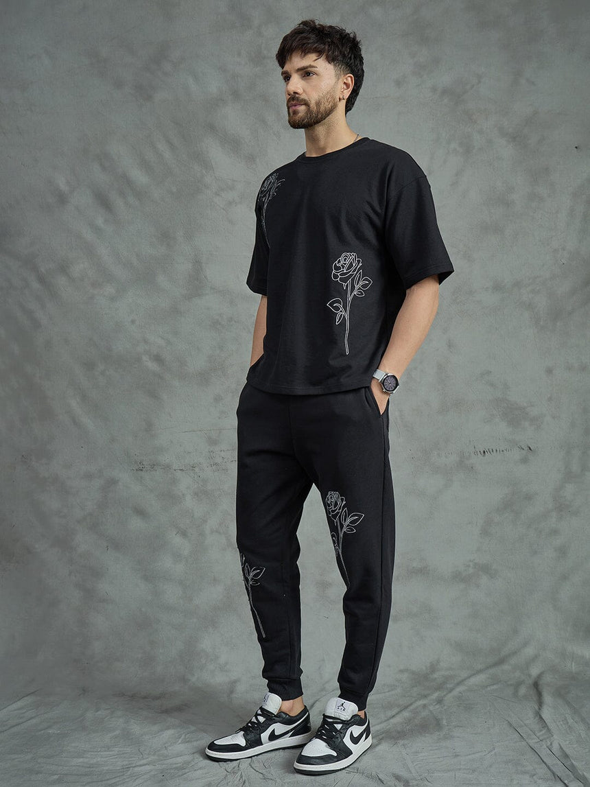 Black Rose Embroidery Oversized Clothing Set Clothing Set Fugazee
