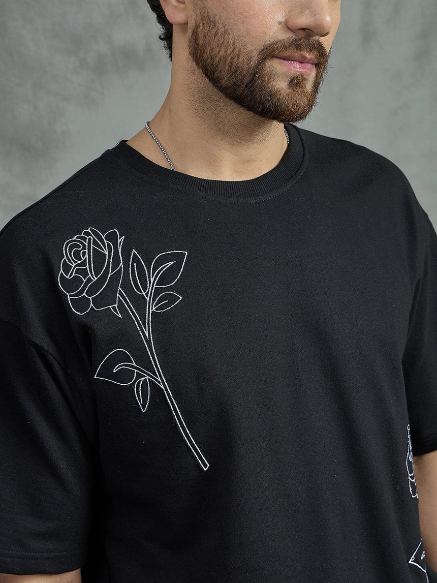 Black Rose Embroidery Oversized Tee T-Shirts Fugazee