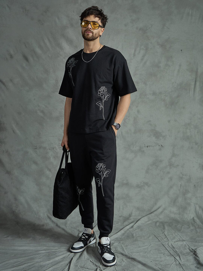 Black Rose Embroidery Oversized Clothing Set Clothing Set Fugazee