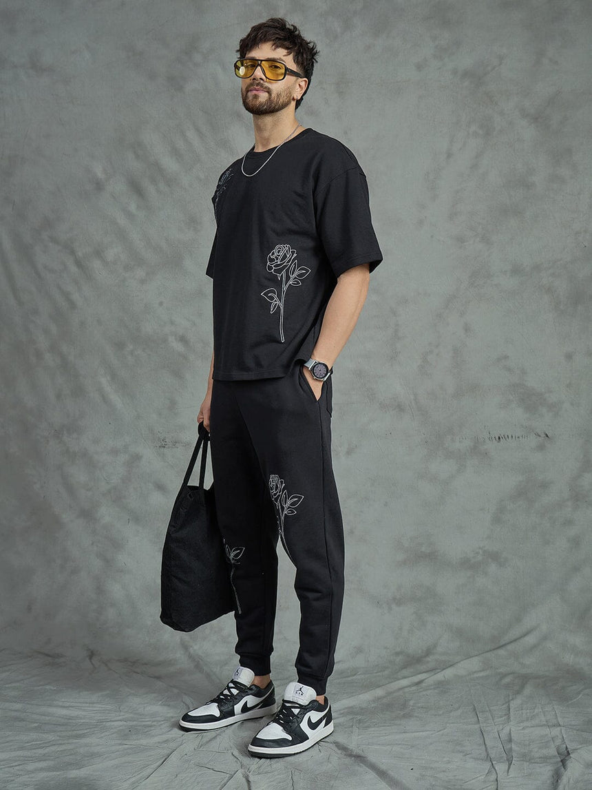 Black Rose Embroidery Oversized Clothing Set Clothing Set Fugazee