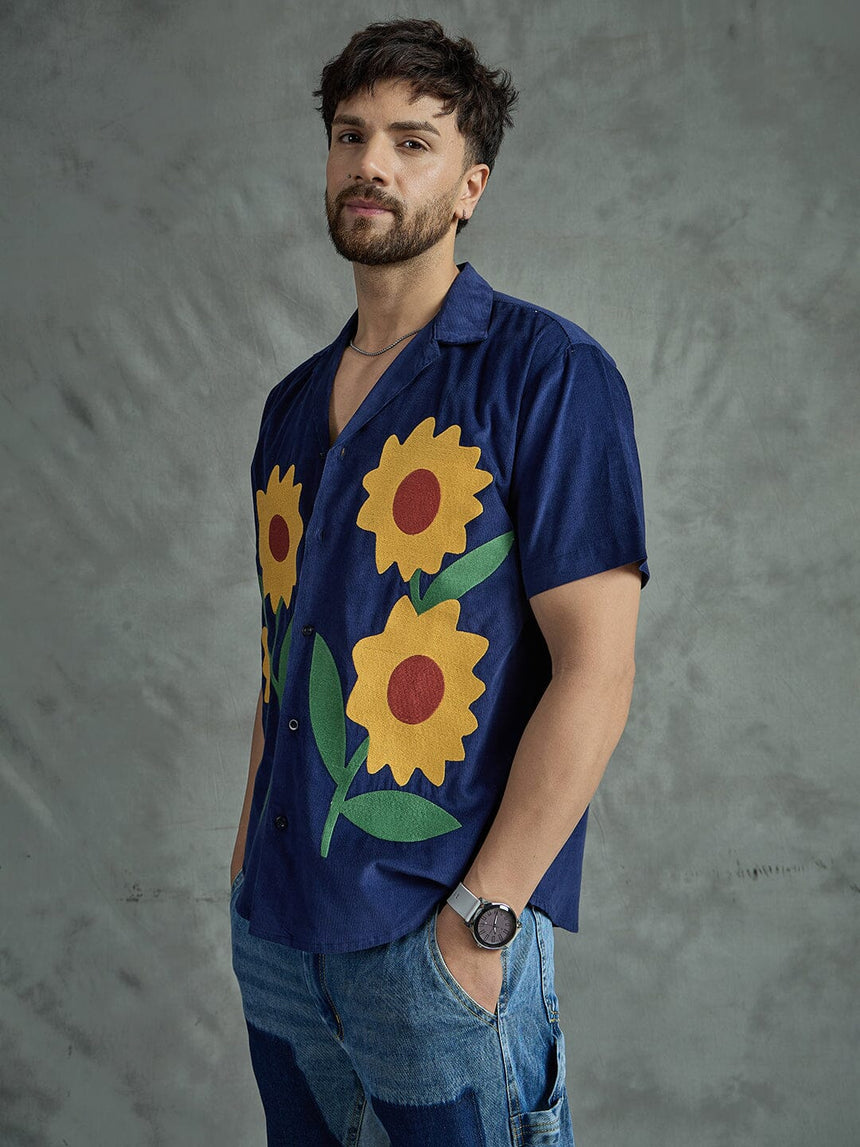Navy Corduroy Sunflower Cuban Shirt Shirts Fugazee