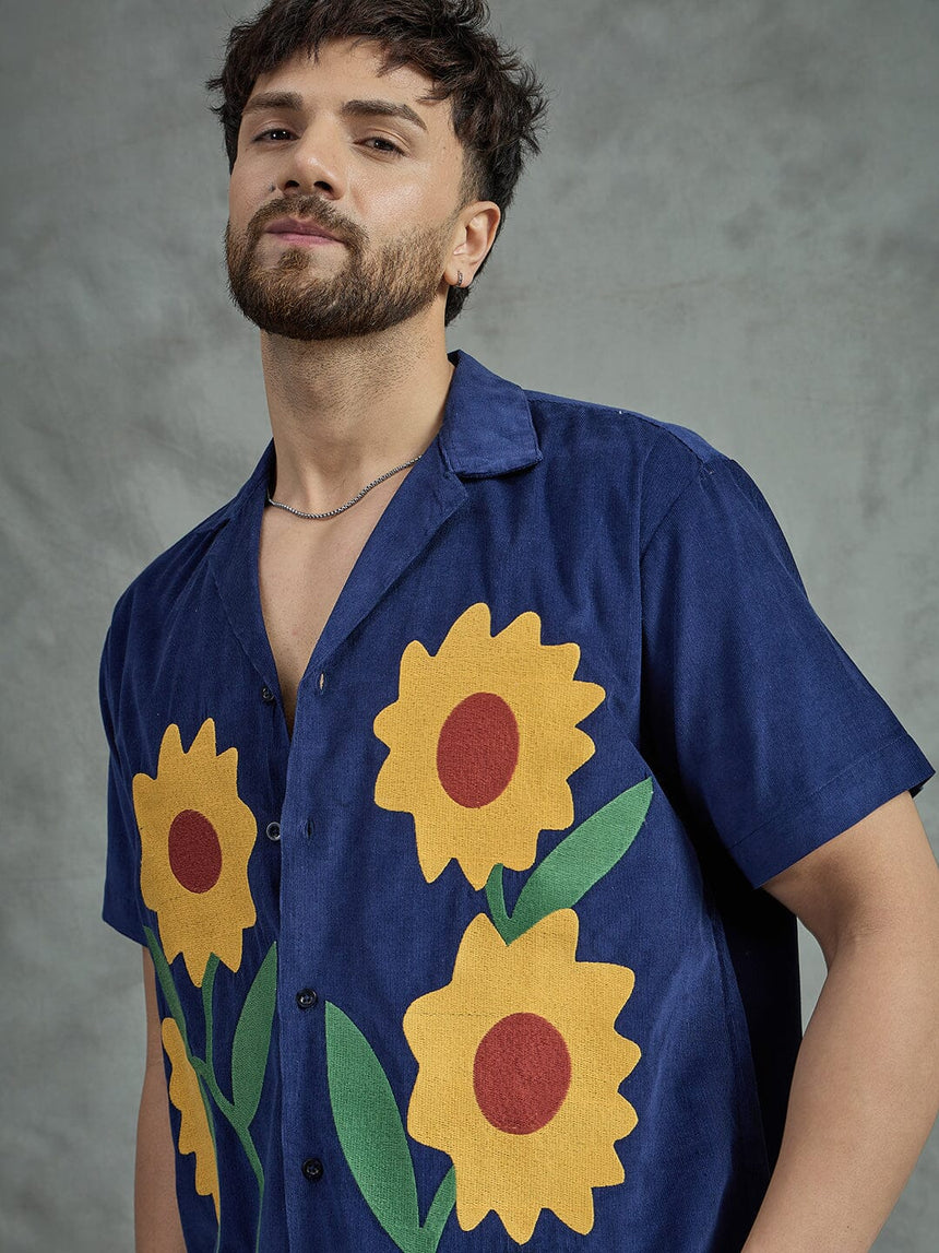 Navy Corduroy Sunflower Cuban Shirt Shirts Fugazee