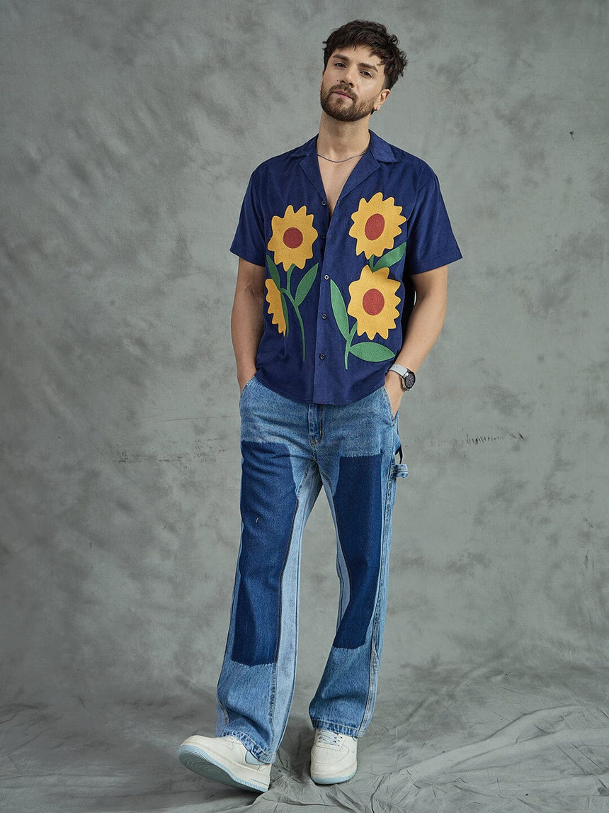 Navy Corduroy Sunflower Cuban Shirt Shirts Fugazee