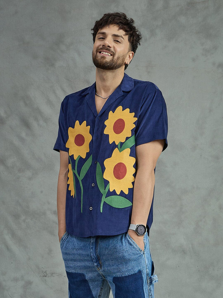 Navy Corduroy Sunflower Cuban Shirt Shirts Fugazee
