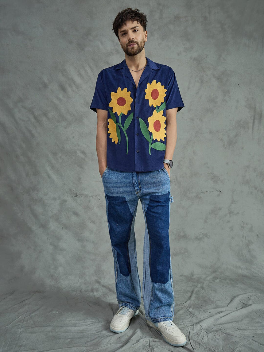 Navy Corduroy Sunflower Cuban Shirt Shirts Fugazee