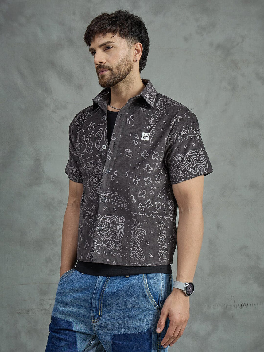 Grey Paisley Cropped Shirt With Black Vest Shirts Fugazee