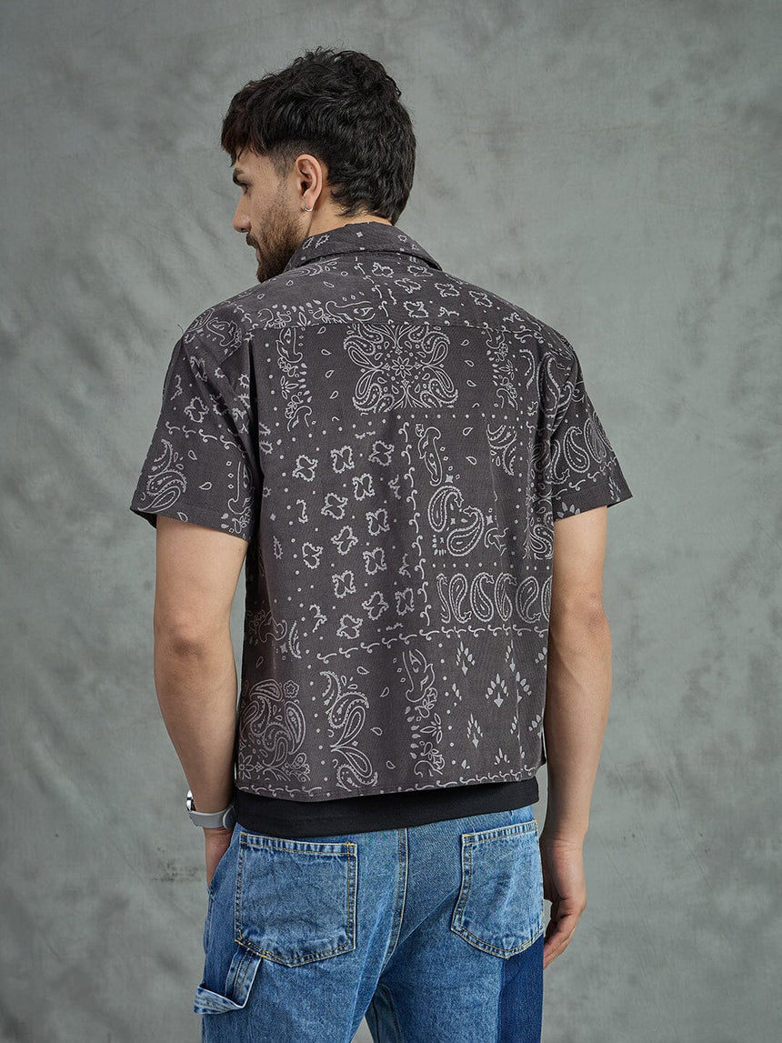 Grey Paisley Cropped Shirt With Black Vest Shirts Fugazee