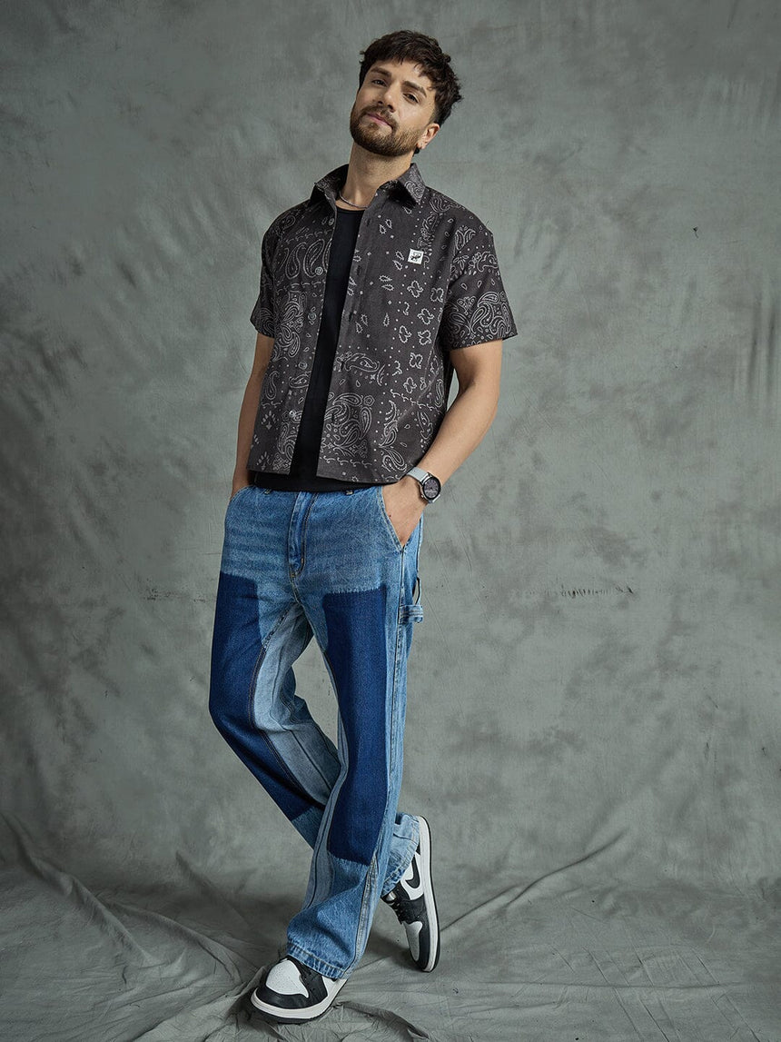 Grey Paisley Cropped Shirt With Black Vest Shirts Fugazee