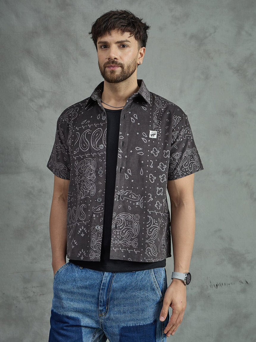 Grey Paisley Cropped Shirt With Black Vest Shirts Fugazee