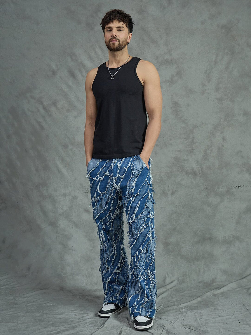 Indigo Heavy Damaged Flared Denim Jeans Fugazee