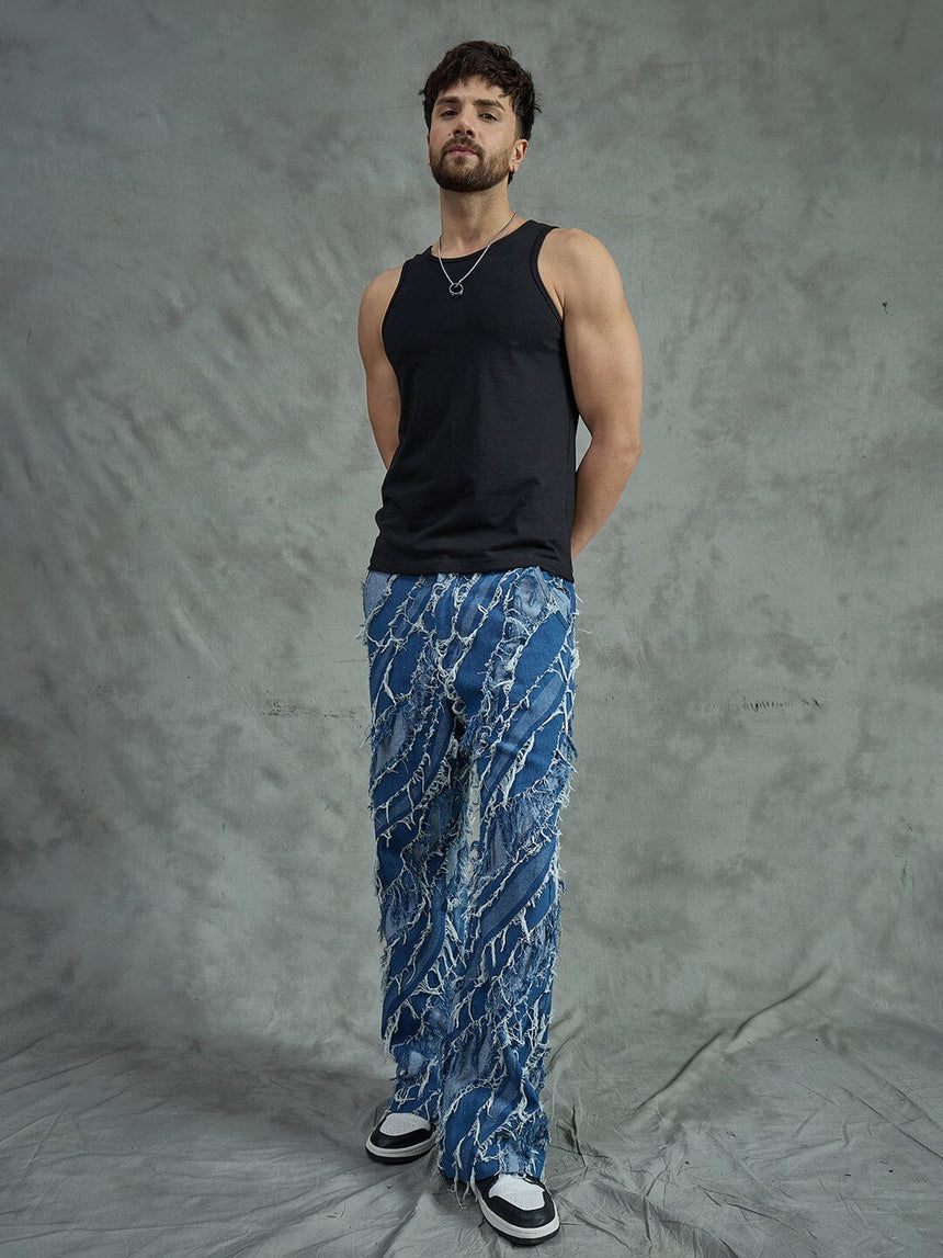 Indigo Heavy Damaged Flared Denim Jeans Fugazee