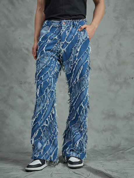 Indigo Heavy Damaged Flared Denim Jeans Fugazee