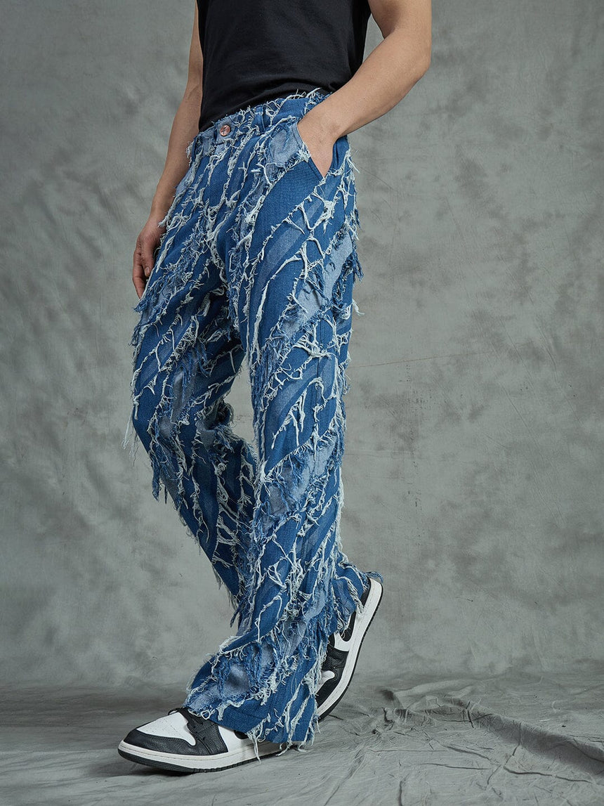 Indigo Heavy Damaged Flared Denim Jeans Fugazee