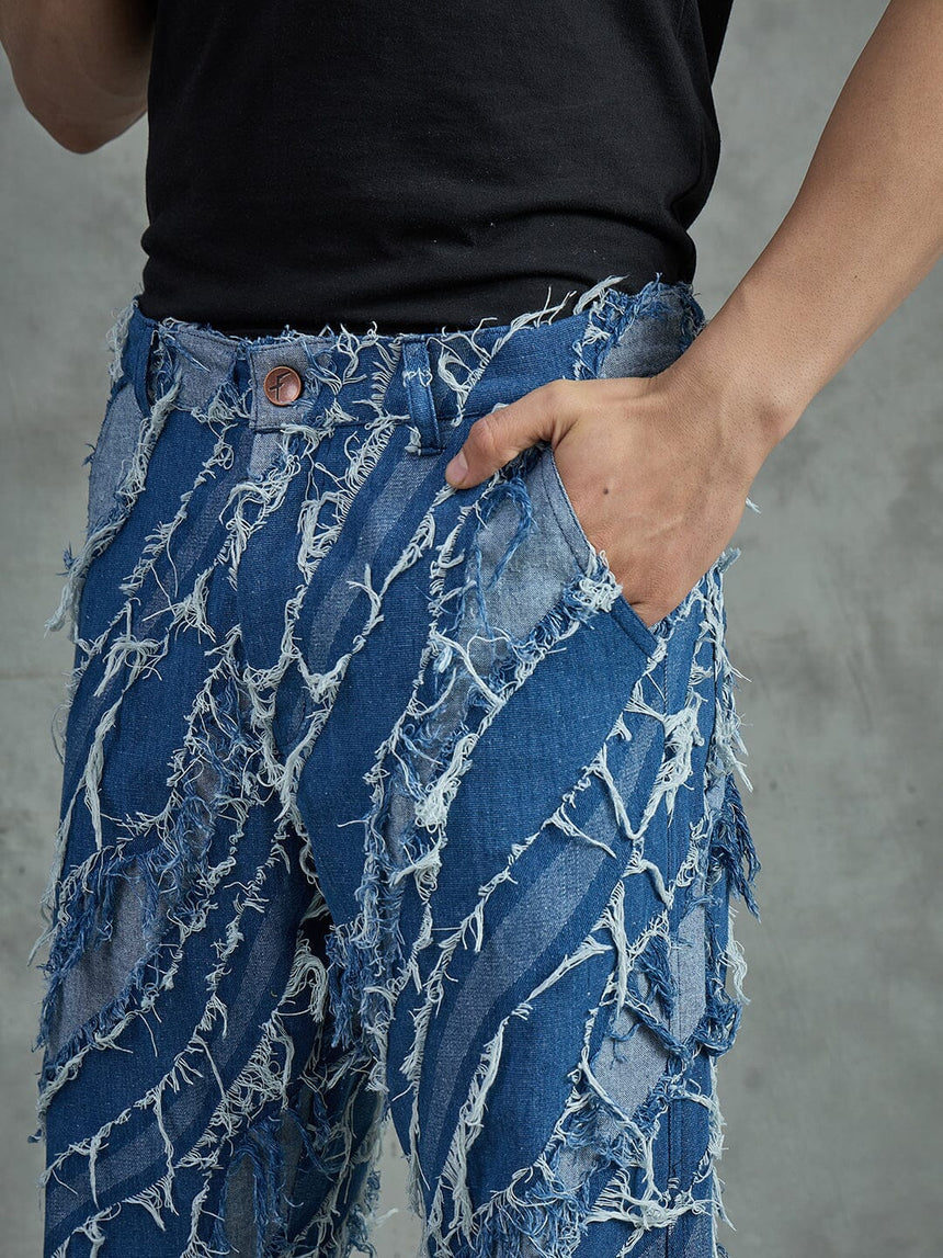 Indigo Heavy Damaged Flared Denim Jeans Fugazee