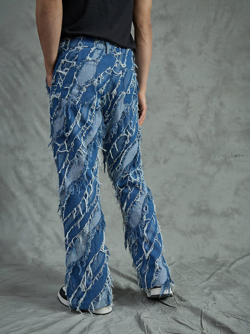 Indigo Heavy Damaged Flared Denim Jeans Fugazee