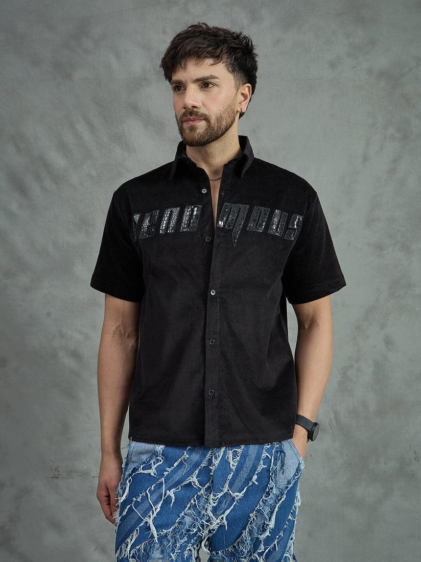 Black Corduroy Pu Applique Short Sleeves Shirt Shirts Fugazee