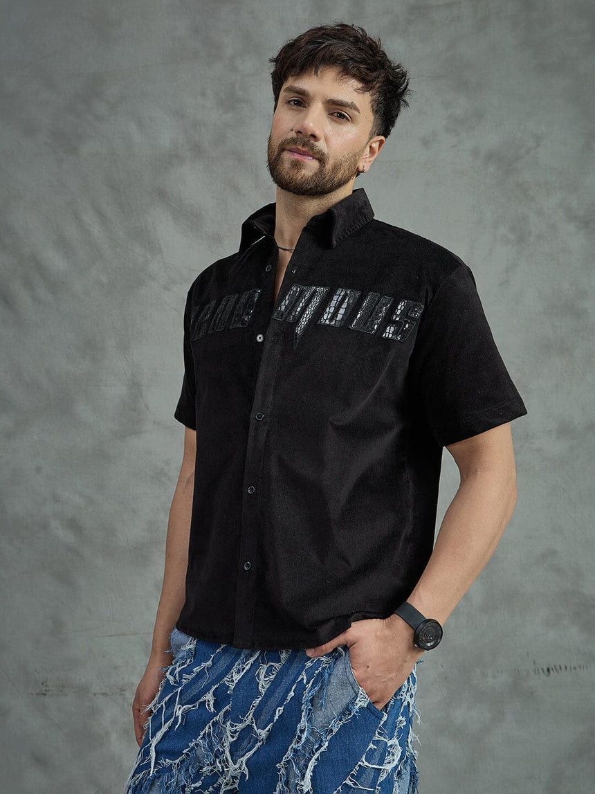 Black Corduroy Pu Applique Short Sleeves Shirt Shirts Fugazee