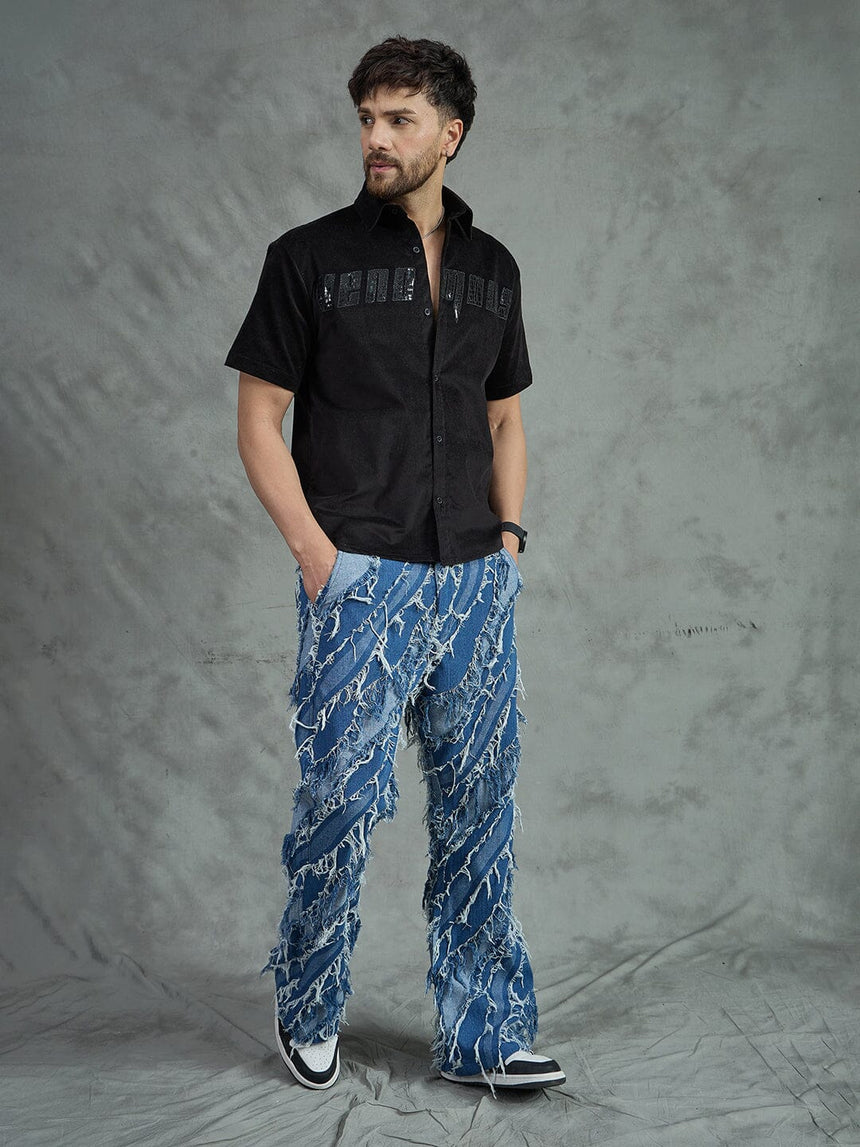 Black Corduroy Pu Applique Short Sleeves Shirt Shirts Fugazee