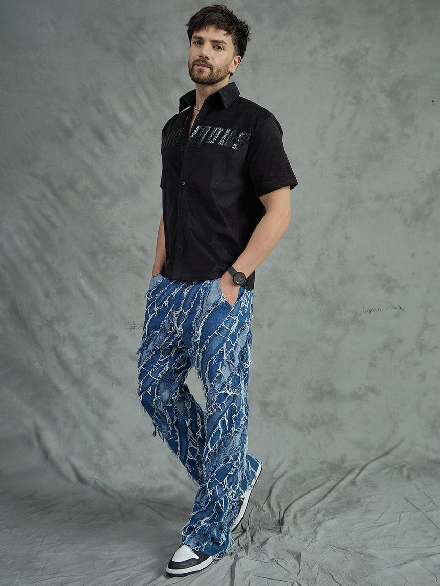 Black Corduroy Pu Applique Short Sleeves Shirt Shirts Fugazee