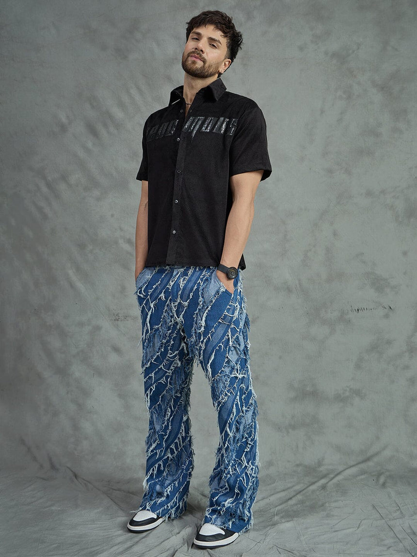 Black Corduroy Pu Applique Short Sleeves Shirt Shirts Fugazee